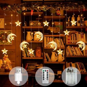 KAL-Rideau Lumineux Ramadan Etoile Lune 3,5M Guirlande Lumineuse Ramadan Pile/Usb, 8 Modes Guirlande Lumineuse Rideau Avec Télécommande, Pour Deco Lumineuse Interieur Exterieur Fenetre Fête - Neuf