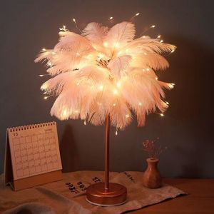 Lampe De Table À Led Avec Abat-Jour En Plumes, Élégante Veilleuse De Chevet Rose - Neuf