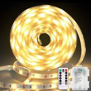 TZF-3M 90 LED Bande lumineuse à piles avec télécommande, couverte étanche avec minuterie, bande lumineuse autocollante découpable pour télévision, cuisine, décoration extérieure(blanc chaud¿ - Neuf