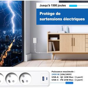 Multiprise Ultra-Fine avec 3 Prises au Format Fran&ccedil;ais et 2 Ports USB (PD 20W + QC 18W), C&acirc;ble Plat 1.5M avec Kit Cache-C&acirc;bles, Id&eacute;ale pour Salon, Bureau, Cuisine ou Chambre, Blanche - Neuf
