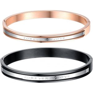 Kal-Bracelets Pour Couple En Acier Inoxydable Noir Or Rose Avec Gravure « Forever In Love » Pour Homme Et Femme, Acier Inoxydable, Sans Pierre - Neuf