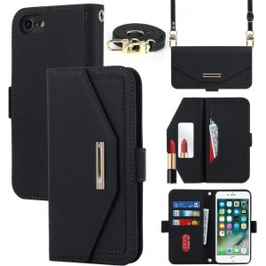 Wqs-Coque Compatible Avec Iphone 7 Plus/8 Plus Etui Avec Cordon,Flip Portefeuille Étui Cuir,[5 Porte Cartes][Miroir][Magnétique][Réglable Collier] Housse - Noir - Neuf