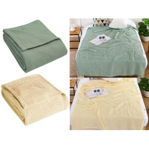 Ensemble De 2 Couvertures De Lit En Coton Gaufr&eacute;, Vert Et Jaune, 120 X 150 Cm - Neuf