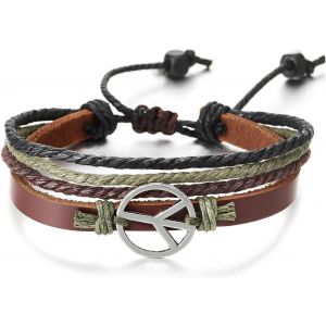 Kal-Symbole Anti-Guerre - Multi-Brin Bracelet - Cuir Envelopper Bracelet - Brun Cuir - Homme Femme - Neuf