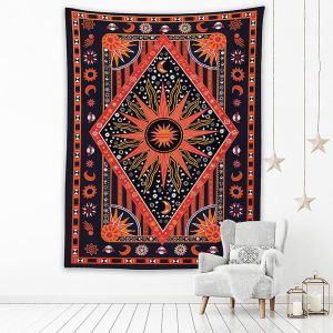 Tapisserie murale ethnique hippie mandala en coton repr&eacute;sentant le soleil et la lune, d&eacute;coration murale 150 x 130 cm - Neuf