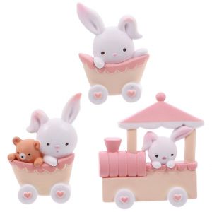 Charmant ensemble de figurines de lapin pour d&eacute;coration de bureau et de g&acirc;teaux - 3 pi&egrave;ces, rose et blanc, r&eacute;sine - Neuf
