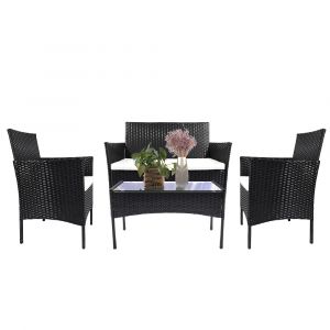Ensemble De Mobilier De Jardin 4 Pi&egrave;ces-Ensemble De Mobilier De Jardin En Rotin Comprenant 2 Chaises D'Ext&eacute;rieur En Rotin,1 Canap&eacute; En Rotin Et 1 Table Basse Avec Plateau En Verre Tremp&eacute; Transparent - Neuf