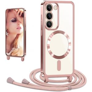 Kal-Coque Avec Cordon Pour Samsung Galaxy S21 Fe 5g, Coque Magnétique De Cellulaire Corde Transparent Tpu Étui En Galvanisé Avec Réglable Collier Téléphone Chaîne Lanyard Case Housse, Or Rose - Neuf