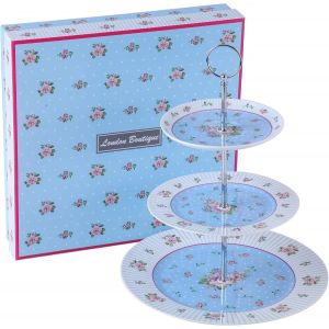 Pr&eacute;sentoir &Agrave; G&acirc;teau &Agrave; 2 &Eacute;tages En Porcelaine Motif Floral Rose De Victoria Dans Une Bo&icirc;te Cadeau (Bleu) - Neuf