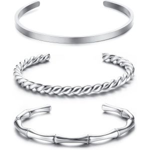 Eryi-3 Pièces Bracelet Jonc Femme Argent/Or Acier Inoxydable Simple Jonc Ouvert Ensemble Empilables Poli Twist Bracelet Jonc Manchette Largeur 4mm - Neuf