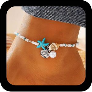 Kalsw-Bracelet De Cheville Perlé Étoile De Mer Pour Femme Perle Blanche Conque Breloque Perles De Rocaille Bracelet De Cheville Perlé Surfeur Chaîne De Cheville D'été Bijoux De Pied Plage - Neuf