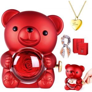 Ershi-Rose Eternelle Ours Fête Des Mères Idee Cadeau Original Avec Collier Pour Maman Femmes Rose Préservée Vraie Fleur Avec Échar[51] - Neuf