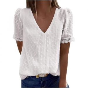 T-Shirt Femme Casual Blanc - Dentelle - Manches Courtes - Col V - Neuf
