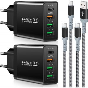 Usb-C Charger 35w 4 Ports, Fast Charge Pd/Qc 3.0 With 2 X 6.6 Feet Cables, Compatible Samsung/Lg/Google Pixel 6/Tablets, Compact Wall Block -Black - Neuf