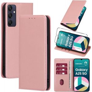SJZG-Coque Cuir Pour Samsung Galaxy A25 5G 6.5"" Avec 1 Verre Tremp&eacute; Etui &Agrave; Rabat En Pu Porte-Cartes Portefeuille Support Flip Housse Magn&eacute;tique Antichoc Anti-Rayures Case,Rose_Gold - Neuf