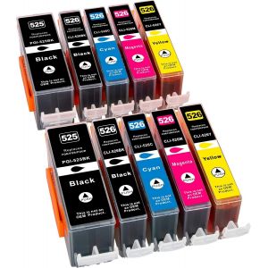 10 Cartouches D'Encre Compatibles Avec Puce Pour Canon Pgi- 525Bk Cli- 526Bk Cli- 526C Cli- 526M Cli- 526Y , 2 X 2 X Noir Noir 2 X 2 X 2 X Bleu Jaune Rouge - Neuf