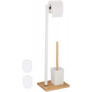 meimie-Serviteur Wc,Support Non Fixe,Brosse Avec Porte-Brosse,Acier Inoxydable & Bambou,Blanc - Nature - Neuf