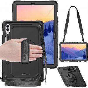 Utility Coque Pour Samsung Galaxy Tab S7 Fe 12,4"" (Sm-T730 / Sm-T736) Coque Résistante Aux Chocs Avec Support Rotatif À 360°, Dragonne Et Bandoulière ¿ Noir - Neuf
