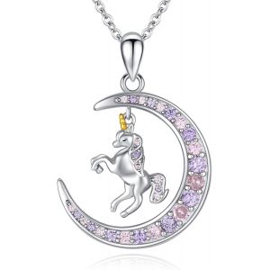Cadeau Licorne Pour Fille En Argent Sterling 925 - Chaîne Licorne - Pendentif En Forme De Croissant De Lune - Collier Licorne - Bijoux Pour Enfants,Filles Et Femmes,Argent Sterling, - Neuf