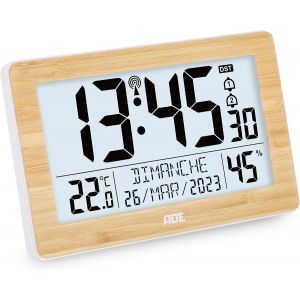 ADE Horloge radiopilotée numérique XL avec très Grands Chiffres | Horloge de Table avec 2 Heures de réveil et éclairage | Thermomètre et Hygromètre | Cadre étroit en Bambou véritable - Neuf