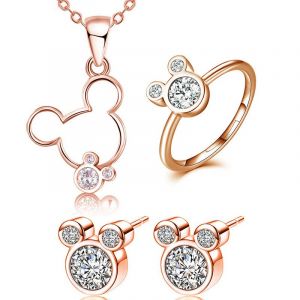 Ensemble Meilleur Bijoux Femme Argent 925 4ps Or Rose Plaqué Blanc Zircon Mickey Collier Boucles D'oreilles Bague Ouverte - Neuf