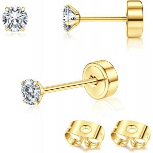 Kal-Pcs Boucles D'oreilles Titanium Boucle D'oreille Femme Or 14 Carats Boucles D'oreilles Flat Dot, Petite Boule Cz Flat Piercing Titane Oreille Cartilage Helix Piercing Oreille Homme, 2/3/4mm - Neuf