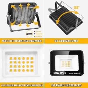 Tianyi-Projecteur Led D'extérieur 20w, 2000lm, Lumière Du Jour 4000k, Blanc Chaud, Ip66, Étanche, Éclairage De Sécurité Pour Jardin, Garage, Cour, Terrain De Sport, Patio, Porche D'allée - Neuf