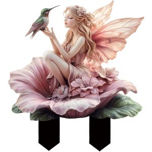 Mevronisshop-Statuette De F&eacute;e Sur Piquet En Acrylique 2d - D&eacute;coration Plate Magique - Accessoires De Jardin Pour Ext&eacute;rieur, Int&eacute;rieur, Cour, Pelouse, Pot De Fleurs (Fleurs Roses, F&eacute;e Et Colibri) - Neuf