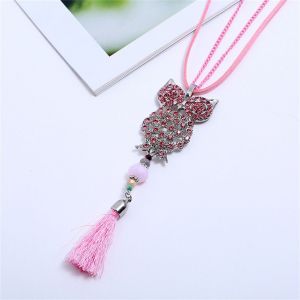 Collier Long En Alliage Avec Pompons Et Strass, Motif Hibou Et Chaine De Pull (Rose) - Neuf