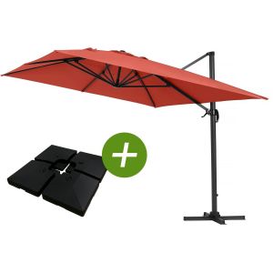 Parasol Jardin D&eacute;port&eacute; Alu "Sun 4 " - Rectangle - 3 X 4 M - Rouge - Dalles &Agrave; Lester Incluses - Neuf