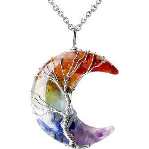 Kal-Collier Pierre Naturelle,Collier Arbre Vie Pendentif Femme Bijoux Pierre Naturelle Pendentif Lune Collier Cristal Lignes Envelopp&eacute;es Main,Pour Femmes &Eacute;pouses M&egrave;res (M&eacute;langer Couleurs) - Neuf