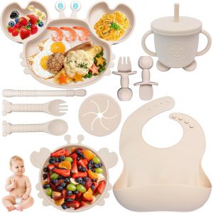 Kal-Coffret Repas Bebe, 10 Pièces Assiette Bebe Set Vaisselle Antiderapant Silicone Avec Ventouse Assiette Bol Fourche Cuillère Bavoir, Enfant Set Couverts Vaisselle Pour Sevrage Manger, Beige - Neuf