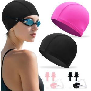 2 Pcs Bonnets De Bain Élastique Avec 2 Bouchons De Nez Pour La Natation Et 4 Bouchons D'oreille Pour La Natation,Bonnet De Natation,Bonnet De Piscine Souple Pour Enfant Femme Homme - Neuf
