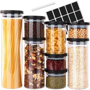Bocaux En Verre Lot De 8,Pot En Verre Avec Couvercle,Bocal En Verre Hermétique Empilable,Bocaux Rangement Cuisine Avec Pâtes,Epices,Céréales,Farine,Café-[1250ml-200m] - Neuf
