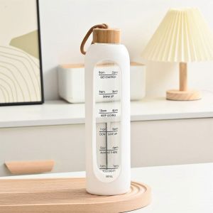 Bouteille D'eau En Verre Avec Manchon En Silicone Bouteille D'eau Avec Marqueurs De Temps Verre Borosilicaté Transparent Surveillez Votre Consommation Quotidienne D'eau 1 Litre - Blanc - Neuf