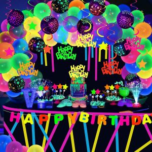 Senior-97Pcs D&eacute;coration De F&ecirc;te N&eacute;on Ballon Fluorescent Lumineux Avec Banderole Guirlande Anniversaire Topper G&acirc;teau Ruban Adh&eacute;sif Deco Fluo Pour D&eacute;coration Anniversaire[L874] - Neuf