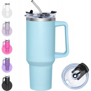 Eryi-Mug Isotherme Avec Paille, 1200ml Gourde Isotherme Avec Couvercle Multifonction, Tasse En Acier Inoxydable, Gobelet Café À Emporter Avec Poignée, Thermo Tumbler (Bleu Clair) - Neuf