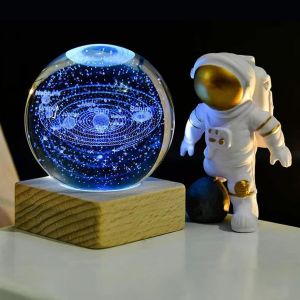 Bnhgc-Veilleuse En Cristal 3d, Système Solaire Usb, Lampe Led Créative Astronomique Avec Base En Bois - Neuf
