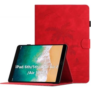 Kal-Coque Pour Ipad 6a Gen. 2018 / 5a Gen. 2017 / Ipad Air 2 / Ipad Air 9.7 Pouces, Housse De Protection Multi-Angles Étui En Cuir Pu Avec Fente Pour Carte, Auto Réveil/Sommeil, Rouge - Neuf