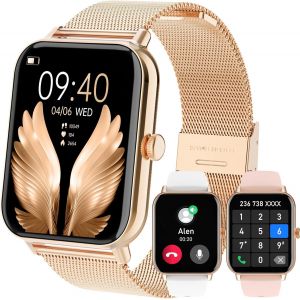 Montre Intelligente Femme avec Appel, 1,85"" Smartwatch Automatique Homme, Podomètre/Moniteur Sommeil/Cardiofrequenzimetro, 120+ Modes Sport Android iOS Montre Intelligente Doré, 3 Bracelets - Neuf