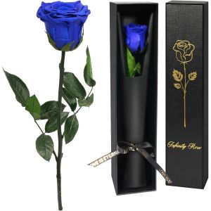 Rose Eternelle Cadeau Femme,Vraie Rose avec Tige Cadeau Maman Fleur Pr&eacute;serv&eacute;e en Coffret Cadeau Fleur Eternelle Cadeau Anniversaire Femme,Cadeau pour Noel Saint-Valentin Femme,Rose Bleue - Neuf