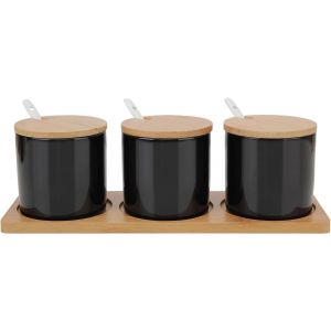 Ensemble 3 Pots &Agrave; &Eacute;pices C&eacute;ramique Noirs Avec Cuill&egrave;re - Neuf