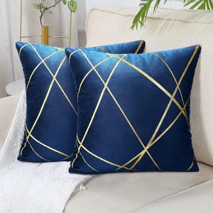 Eryi-Grand Housse De Coussin 50x50 Cm Moderne Velours Coussin Bleu Marine Décoratifs Housses D'oreiller Lignes Dorées Géométrie Coussin Salon Chambre Banc Taie Coussin Canapé Été Lot De 2 - Neuf