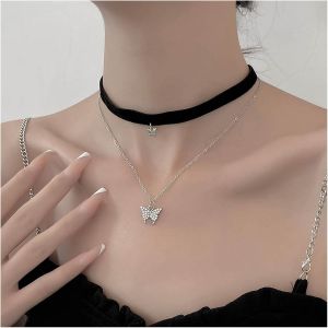 Kal-Collier Ras Du Cou Boho En Velours Papillon Collier Ras Du Cou En Velours Noir Collier Ras Du Cou Pendentif Papillon En Cristal Argent Collier Ruban En Velours Noir Gothique Bijoux En Chaine - Neuf