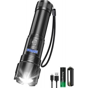 Sjzg-Lampe De Poche Led Rechargeable Xhp50, Lampe De Poche Tactique En Alliage, Lampe Torche Zoomable, Lampe Torche &Eacute;tanche Ipx67 Avec 5 Modes D'&eacute;clairage Pour Le Camping En Plein Air - Neuf