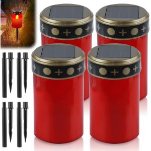 Lot De 4 Bougies Fun&eacute;raires Solaires Led Avec Piquet De Terre - Lanternes Fun&eacute;raires Led - Lumi&egrave;re Permanente - Lampes Fun&eacute;raires Solaires - &Eacute;clairage Ext&eacute;rieur Pour D&eacute;coration Fun&eacute;raire - Neuf