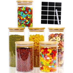 Chenquansarl-Bocaux En Verre Avec Couvercles - 6pcs Bocal En Verre Hermétique - Bocaux Rangement Cuisine - Pot En Verre Avec Couvercles En Bambou - Hermetique Boite Rangement Pour Céréales,600ml/950m - Neuf