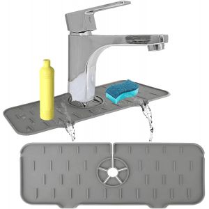Tapis De Robinet En Silicone Avec Poign&eacute;e Anti-Goutte Pour &Eacute;vier De Cuisine, Tapis D'&eacute;gouttage Pour Lavabo De Cuisine Et De Salle De Bain (Gris) - Neuf