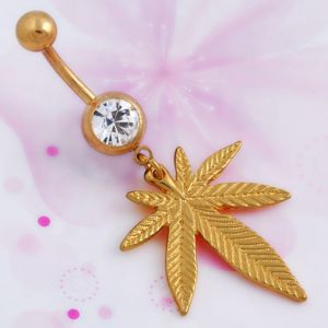 Anneau De Nombril Pendant En Acier Inoxydable Pour Femme, Motif Feuille D'erable Doree - Neuf