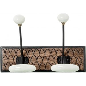 Porte-manteau mural en bois avec 2 crochets en m&eacute;tal et c&eacute;ramique en blanc et noir 19 x 28 x 14 cm - Neuf